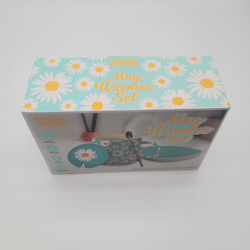 Sarina Daisy Mug Warmer Set Teal Blue Ceramic Cup Lid Spoon USB Hot Plate NIB - Picture 2 of 6